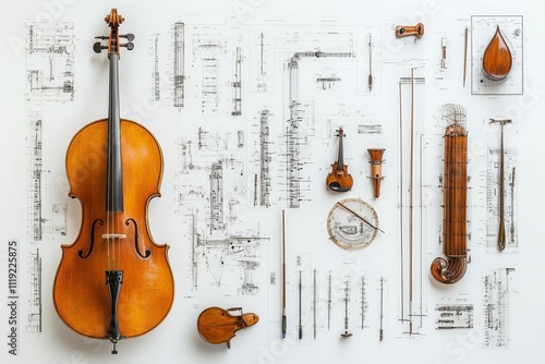 Stringed instruments, blueprints, musical tools.