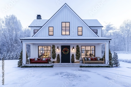 Modern Farmhouse Adorned for Christmas in Cinematic Style photo