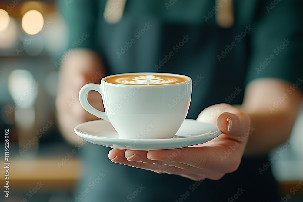 Focus on a creamy latte with elegant latte art being held forward by a barista