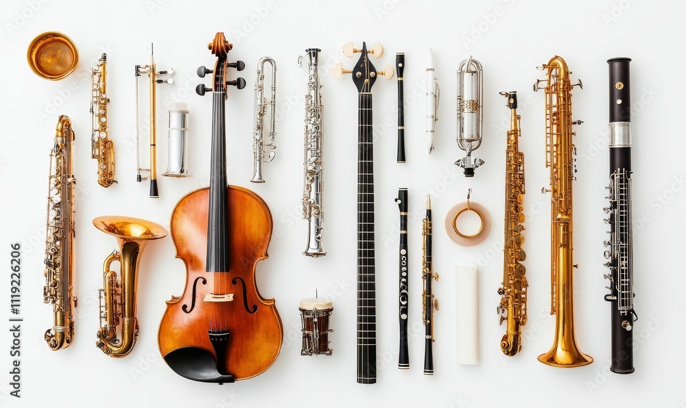 Naklejka premium Orchestral instruments arranged on white background.