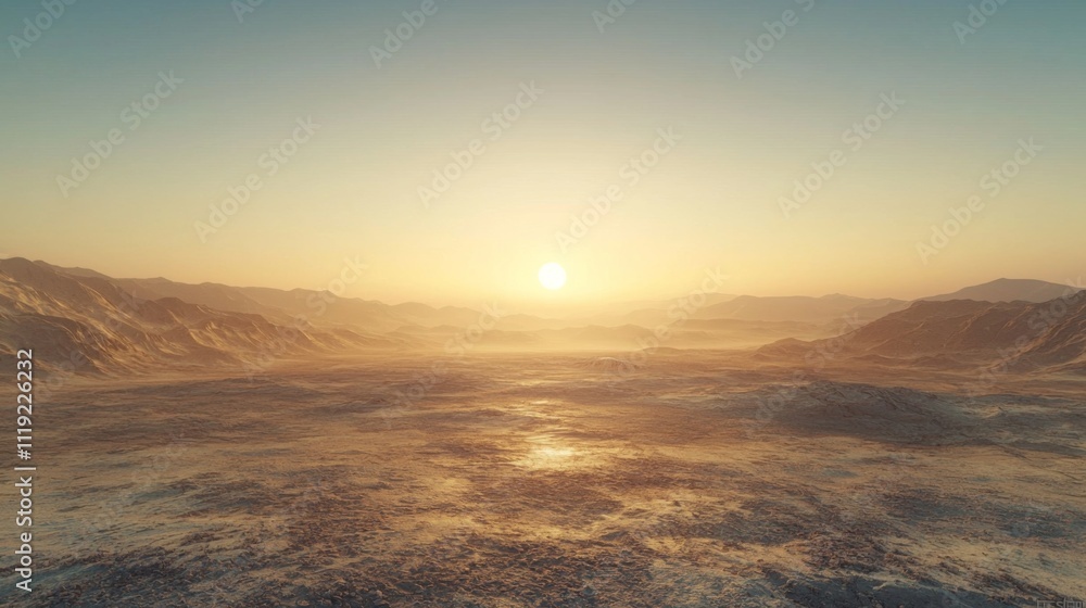 Fototapeta premium Serene Desert Sunset Landscape Golden Hour Dunes Mountains Horizon