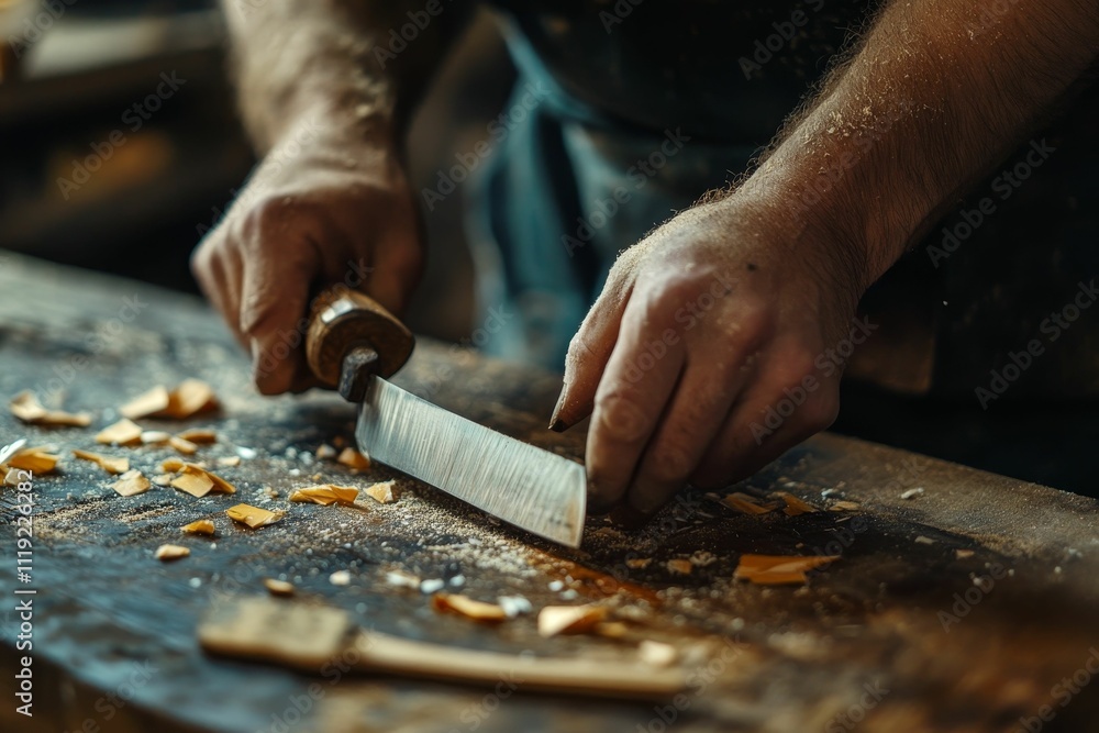 Woodworker's hands using sharp tool, wood shavings scattered. Woodworker's hands using sharp tool, wood shavings scattered.