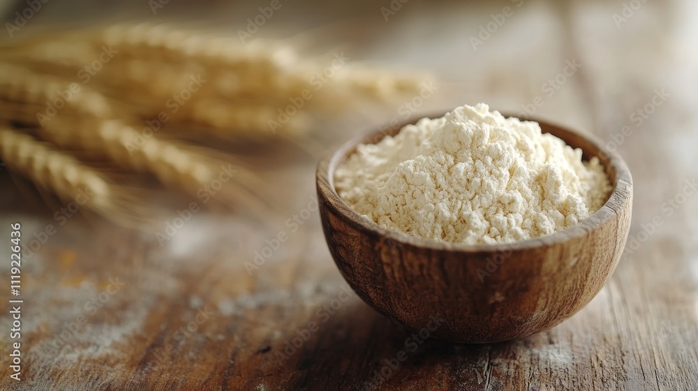 Freshly Milled Whole Wheat Flour in a Rustic Bowl with Golden Wheat Stalks Rustic Bakery Concept. Freshly Milled Whole Wheat Flour in a Rustic Bowl with Golden Wheat Stalks Rustic Bakery Concept.