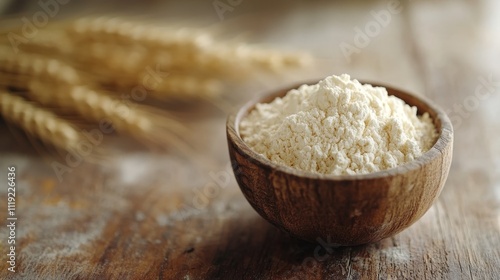 Freshly Milled Whole Wheat Flour in a Rustic Bowl with Golden Wheat Stalks Rustic Bakery Concept. photo