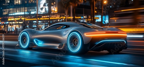 Futuristic silver sports car driving on a city street at night with neon lights.