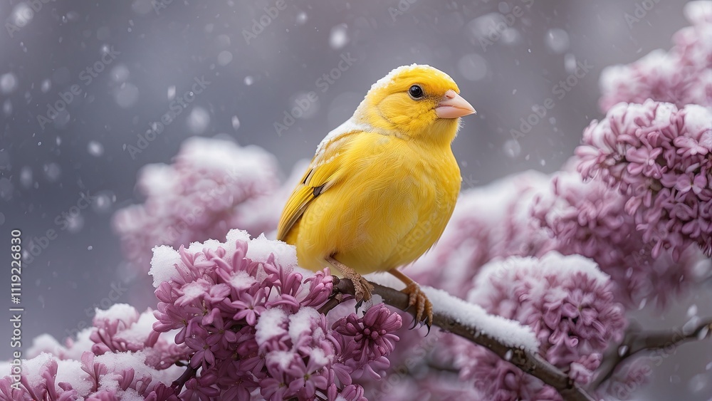 A vibrant yellow canary resting on a frozen lilac tree, with light snow falling gently in the background. A vibrant yellow canary resting on a frozen lilac tree, with light snow falling gently in the background.