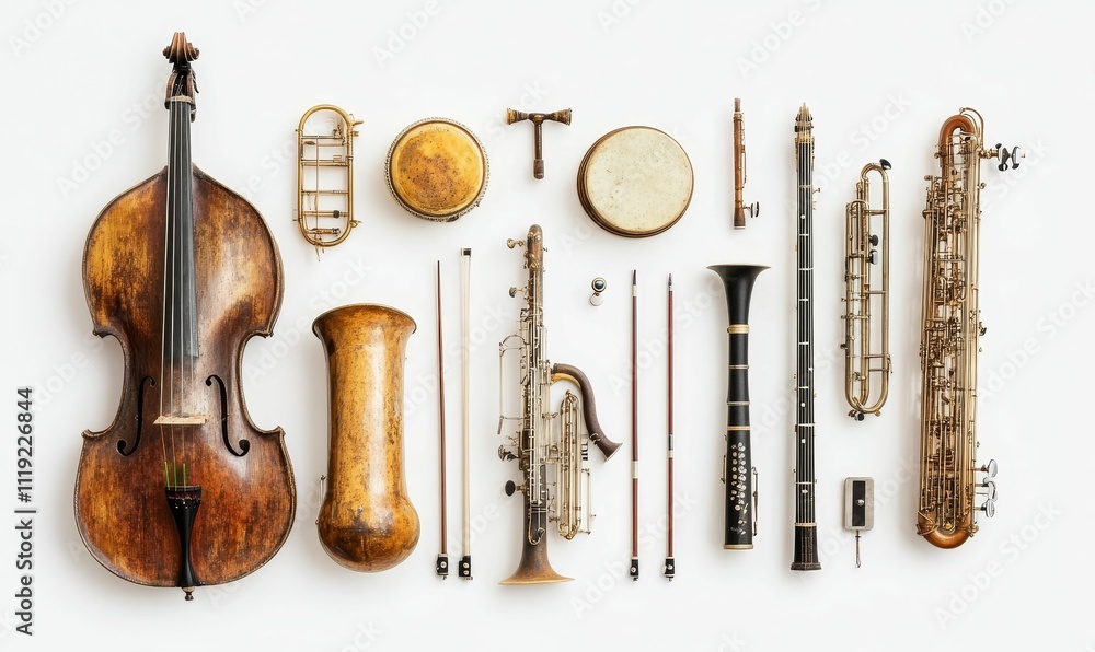 Naklejka premium Antique string and wind instruments arranged neatly.