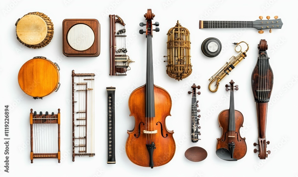 Naklejka premium Variety of string, percussion, and wind instruments.