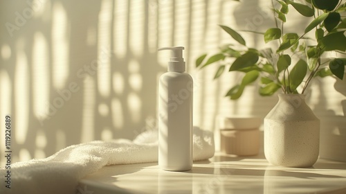 White Pump Bottle with Towel and Vase on Countertop in Sunlight