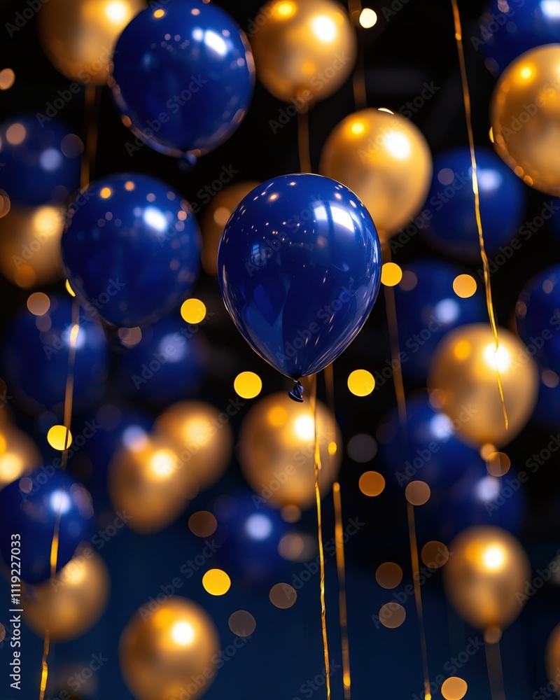 Colorful balloons in blue and gold suspended against a dark background create a festive atmosphere for any celebration. Colorful balloons in blue and gold suspended against a dark background create a festive atmosphere for any celebration.