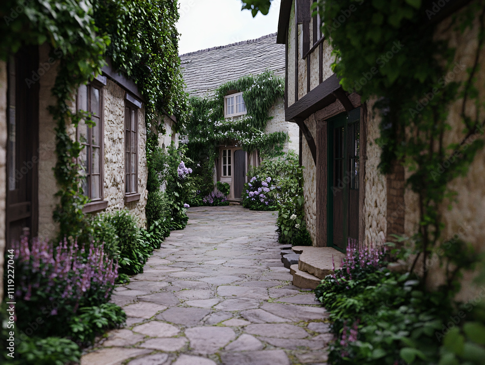Fototapeta premium quaint village street lined with charming stone houses and lush greenery, featuring vibrant flowers and serene atmosphere. Perfect for video production settings