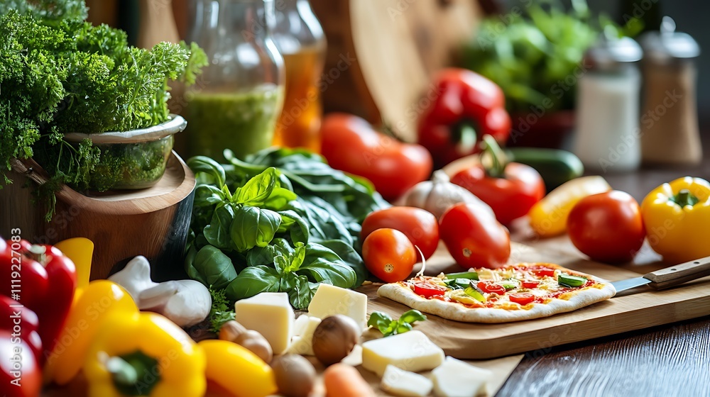 A family in the kitchen making homemade pizza together, with ingredients like fresh vegetables and cheese laid out, creating a fun and interactive cooking experience A family in the kitchen making homemade pizza together, with ingredients like fresh vegetables and cheese laid out, creating a fun and interactive cooking experience