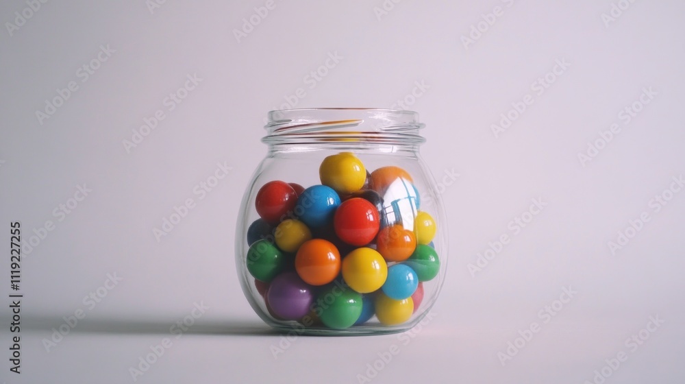 A glass jar filled with colorful gumballs A glass jar filled with colorful gumballs