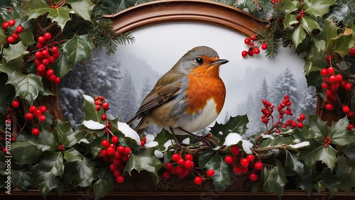 A robin sitting on a holly bush adorned with red berries and snowflakes, framed by a winter woodland setting. photo