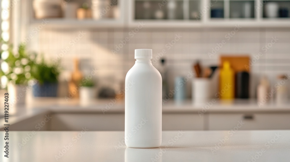 White Plastic Bottle on a Countertop in a Kitchen White Plastic Bottle on a Countertop in a Kitchen