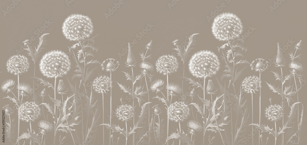 custom made wallpaper toronto digitalWallpaper design for the wall. Botanical drawing, large dandelions. Textile design.