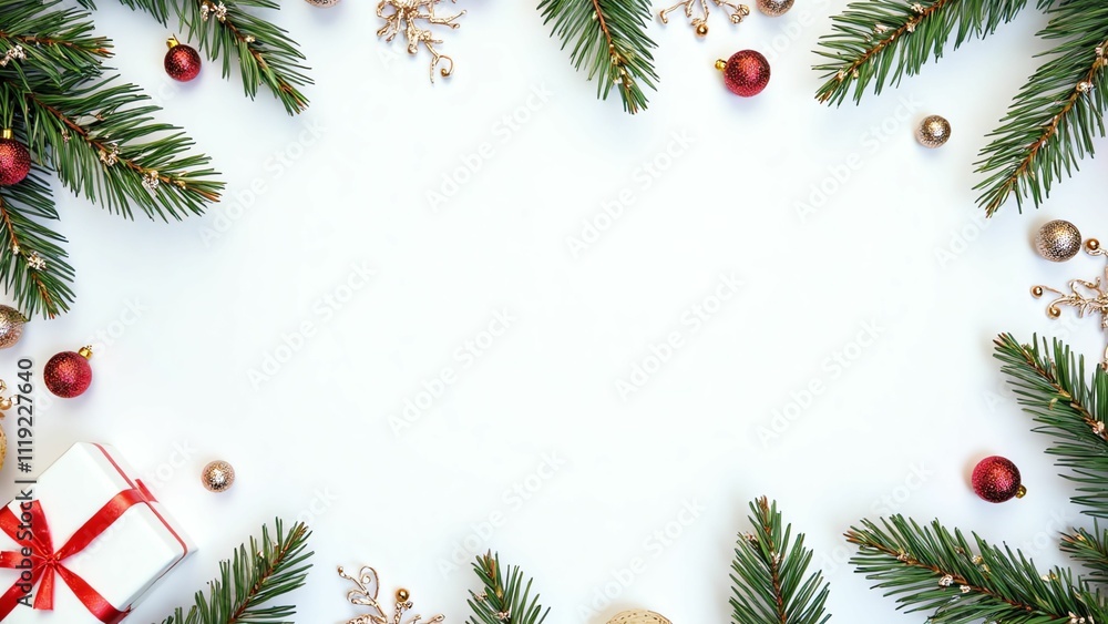 Elegant Christmas Decoration Featuring Pine Branches, Ornaments, and a Beautiful Gift Box on a Clean White Background Elegant Christmas Decoration Featuring Pine Branches, Ornaments, and a Beautiful Gift Box on a Clean White Background