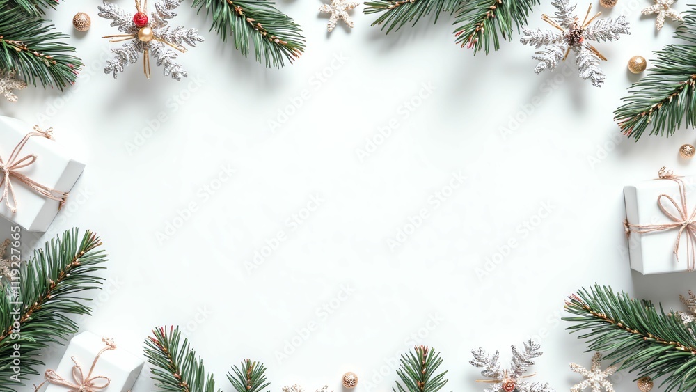 Elegant Christmas Decoration Featuring Pine Branches, Ornaments, and a Beautiful Gift Box on a Clean White Background Elegant Christmas Decoration Featuring Pine Branches, Ornaments, and a Beautiful Gift Box on a Clean White Background