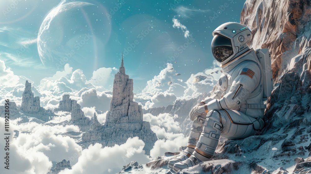 Naklejka premium a stunning scene of a futuristic spacesuit, worn by an astronaut, on a space exploration background