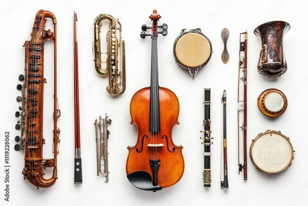 Naklejka premium String, woodwind, brass, percussion instruments arranged neatly.
