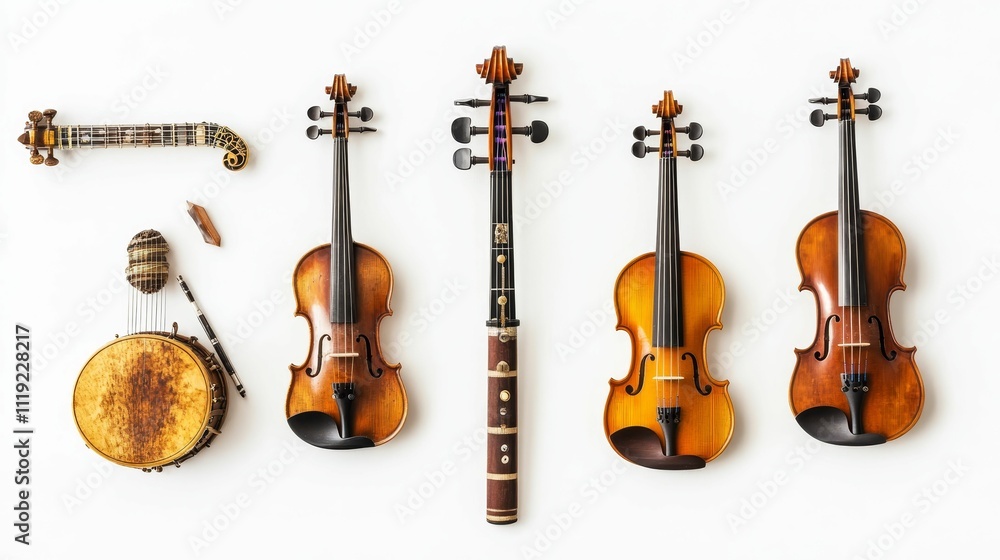 Naklejka premium String instruments, drum, and woodwind displayed.