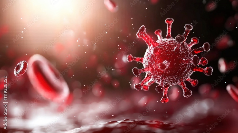 Detailed microscopic view of a virus interacting with red blood cells, highlighting the intricate structures and textures of pathogens. Detailed microscopic view of a virus interacting with red blood cells, highlighting the intricate structures and textures of pathogens.