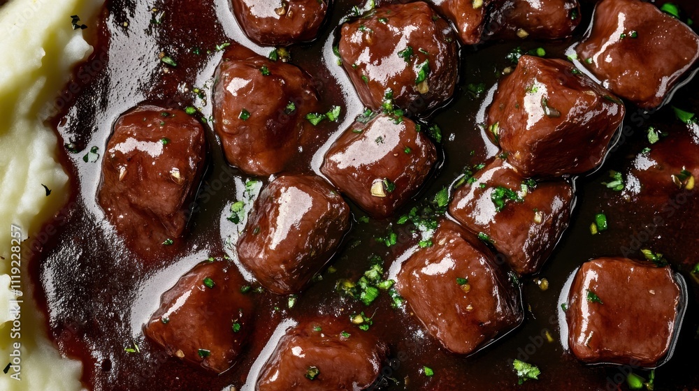 A close-up of tender meatballs in a rich sauce served over creamy mashed potatoes. A close-up of tender meatballs in a rich sauce served over creamy mashed potatoes.