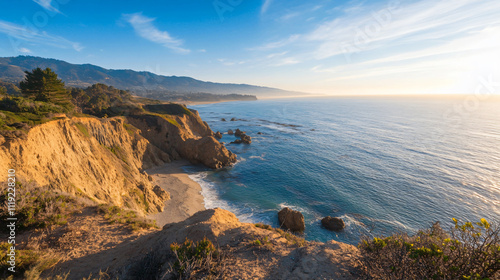 stunning coastal view showcasing cliffs and ocean at sunset, with vibrant colors and serene atmosphere. Perfect for nature lovers and travel enthusiasts photo