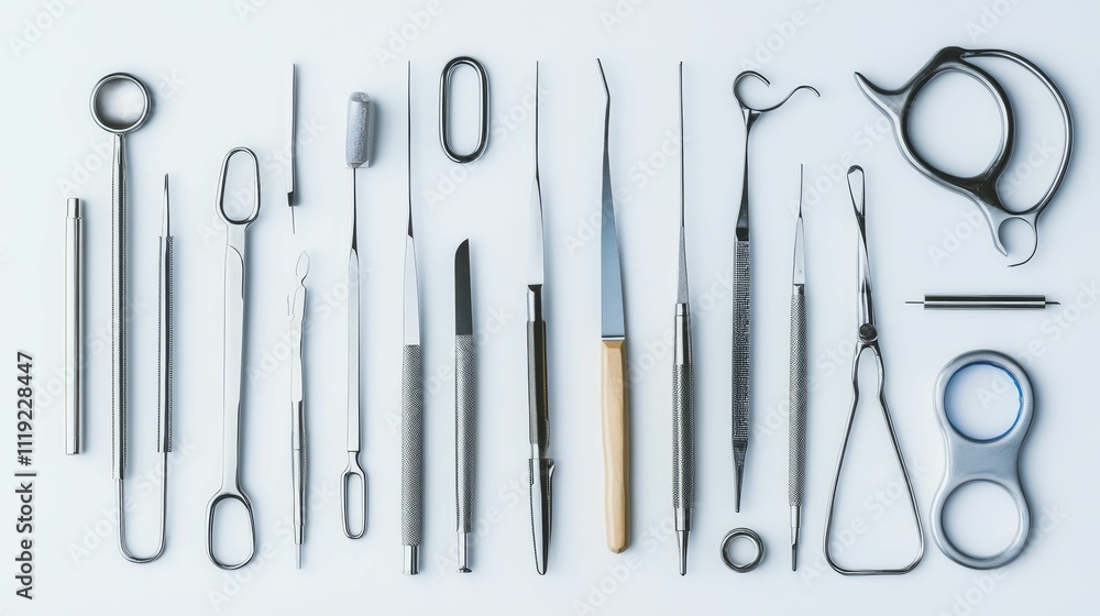 Metallic surgical instruments arranged neatly. Metallic surgical instruments arranged neatly.
