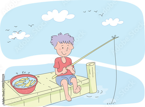 Little boy fishing with a fishing rod on the pier.