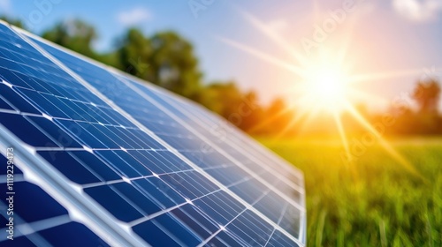 Solar panels capture sunlight in a lush green field, promoting renewable energy and sustainable living for a better future.