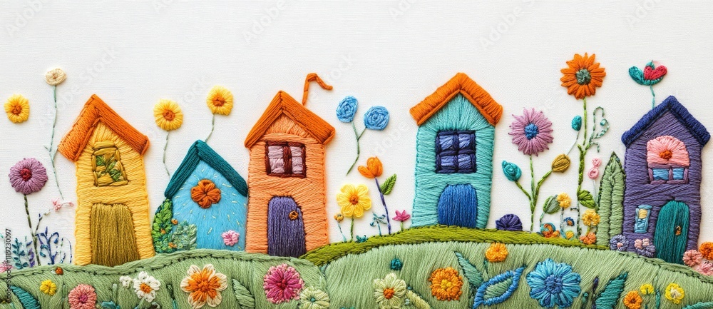 A Row of Happy Homes: A cheerful and whimsical scene featuring colorful felt houses adorned with embroidered flowers, creating a charming and whimsical visual that evokes a sense of community and joy. A Row of Happy Homes: A cheerful and whimsical scene featuring colorful felt houses adorned with embroidered flowers, creating a charming and whimsical visual that evokes a sense of community and joy.