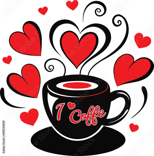 I love coffee typography with red heart and coffee cup vector illustration