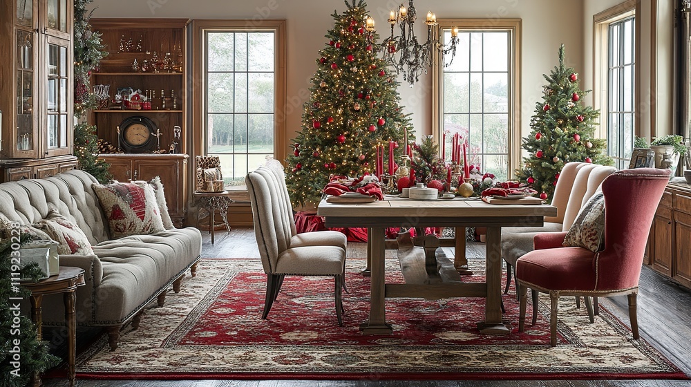 Fototapeta premium Festive Christmas dining room with decorated tree, presents, and red accents.