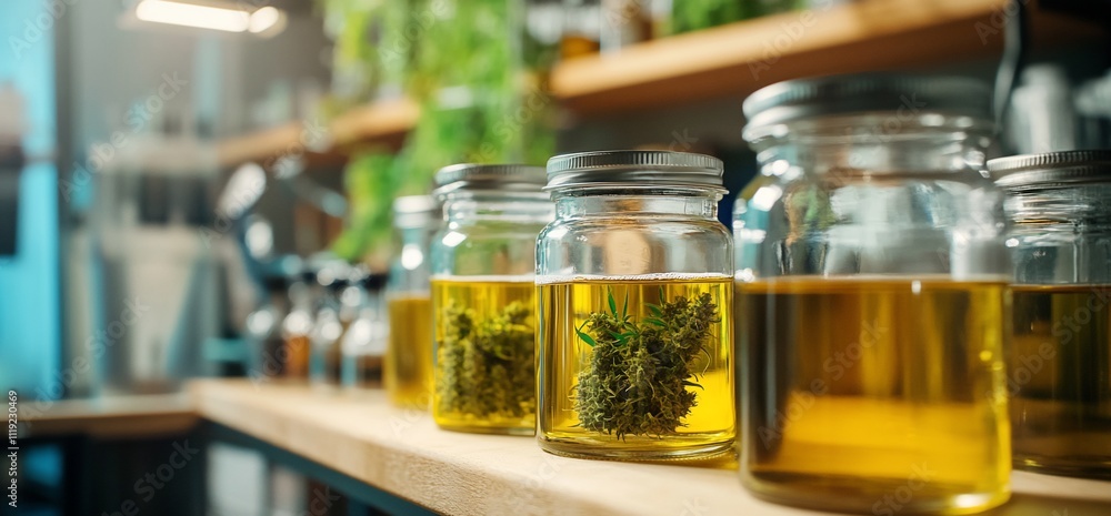 Jars of cannabis oil and buds on a wooden shelf in a laboratory setting. Jars of cannabis oil and buds on a wooden shelf in a laboratory setting.