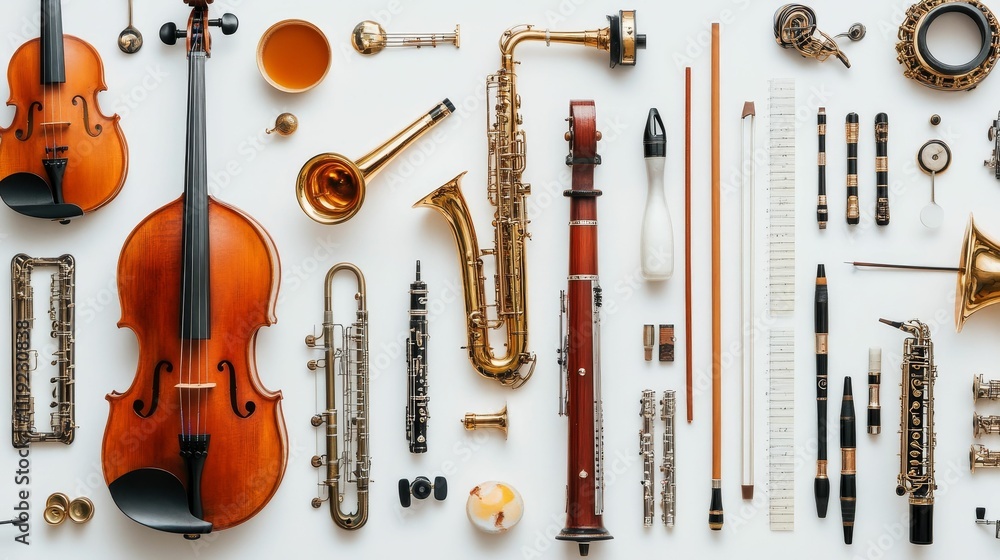 Naklejka premium Orchestral instruments and sheet music arranged neatly.