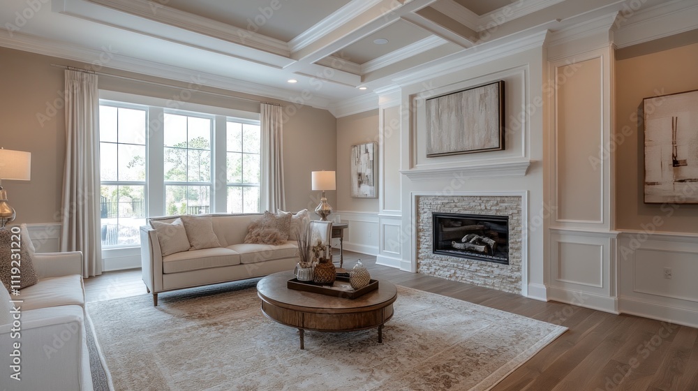 Modern Living Room with Fireplace and Large Windows Modern Living Room with Fireplace and Large Windows