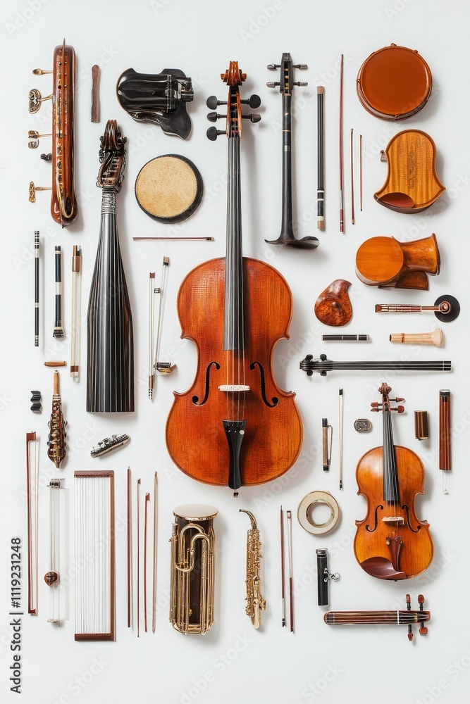 Naklejka premium String, wind, and percussion instruments arranged neatly.