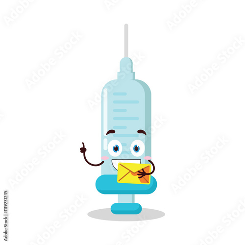 cute happy expression of syringe cartoon character bring envelope letter