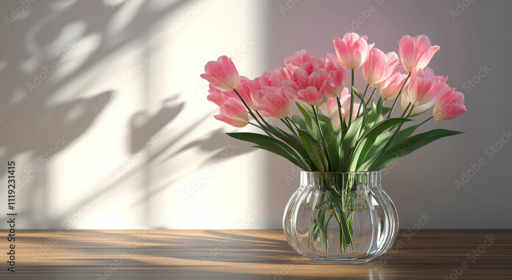 beautiful bouquet of pink tulips in clear glass vase, casting soft shadows beautiful bouquet of pink tulips in clear glass vase, casting soft shadows