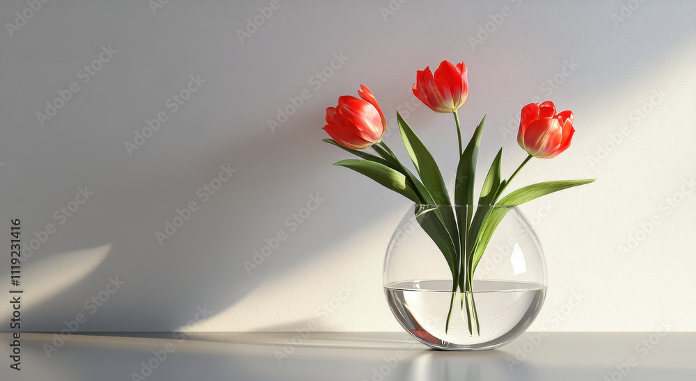 Fresh red tulips in clear vase, brightening up minimalist space Fresh red tulips in clear vase, brightening up minimalist space