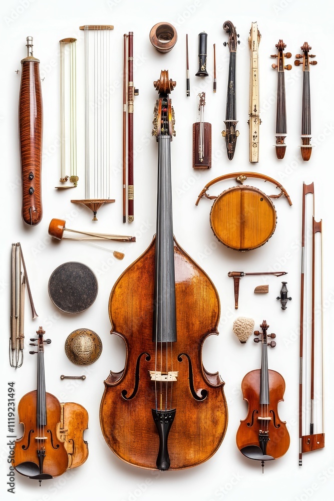Fototapeta premium Stringed instruments and musical accessories arranged neatly.