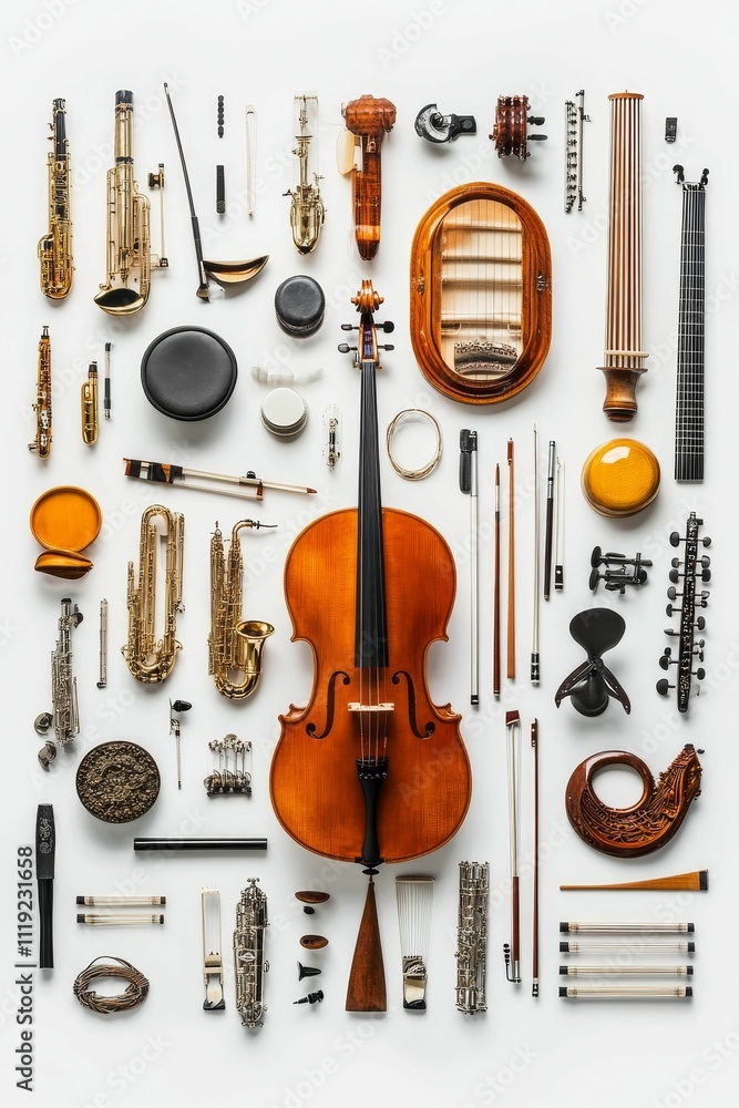 Naklejka premium Disassembled string and wind instruments, parts scattered.