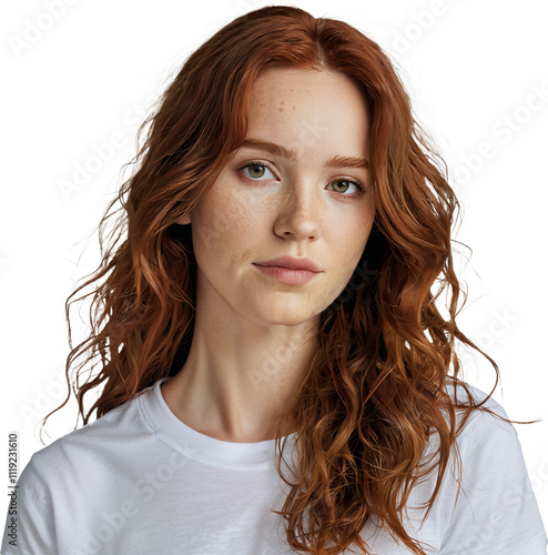 Portrait of a Woman with Long Red Hair and White T-Shirt isolated on transparent background.generative AI