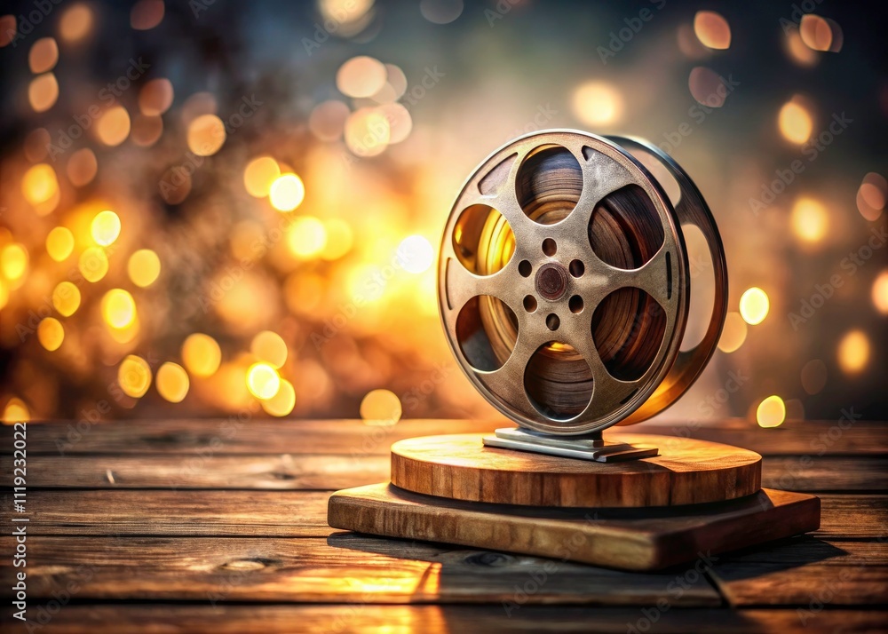 Obraz premium Panoramic Vintage Film Reel Wooden Stand - Retro Cinema Photography