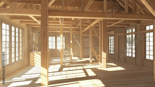 Interior framing of a wooden house with newly placed trusses, beams, and a partially completed roof structure