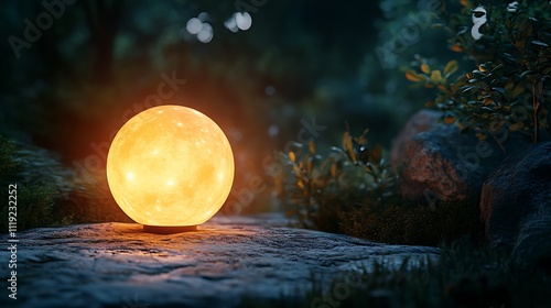 A realistic moonlight LED lamp glowing softly with an orange hue, sitting on a rough stone surface in an outdoor garden with surrounding greenery and a starry night sky, ultra-realistic photography, photo