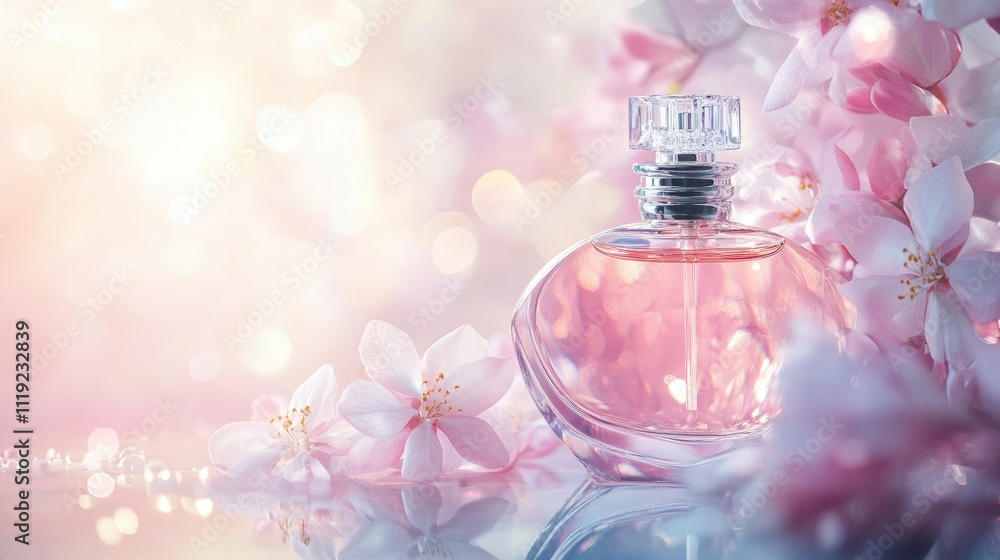 Luxury fragrance display with crystal perfume bottles, blooming flowers, and shimmering highlights on a soft pastel backdrop Luxury fragrance display with crystal perfume bottles, blooming flowers, and shimmering highlights on a soft pastel backdrop