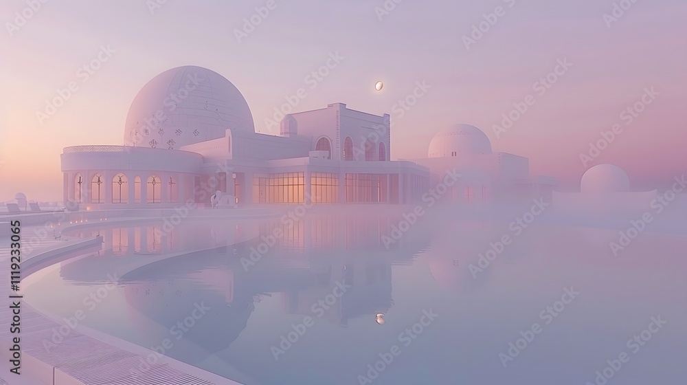 Misty Sunrise over White Architecture Reflecting in Pool. Misty Sunrise over White Architecture Reflecting in Pool.