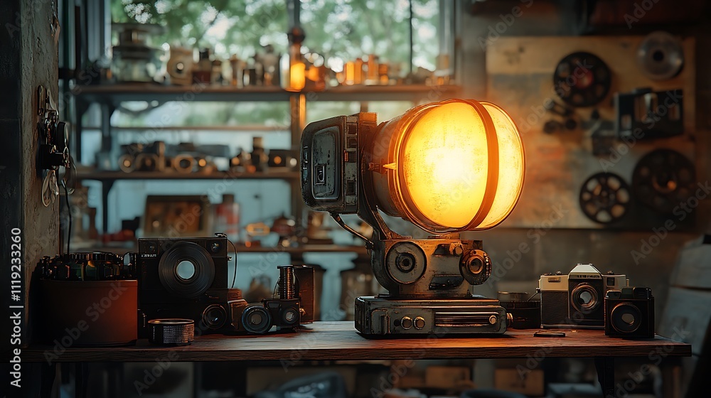 Fototapeta premium A rustic film projector lamp glowing warmly, placed on a metal and wood industrial shelf, with retro elements like old cameras and film reels around, soft shadows, realistic textures, hd clarity.